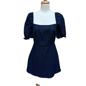 Lulu’s Mini Dress Size M Navy Blue Square Neck Polka Dots Y2K Puff Sleeve Casual